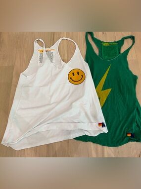 NEW Lot of 2 Aviator Nation Women’s L Tank Tops White Smiley Green Bolt